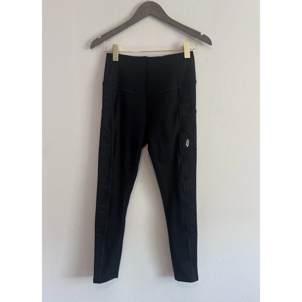 Free People FP Movement Leggings Womens Small Black Pockets High Rise Sitiching